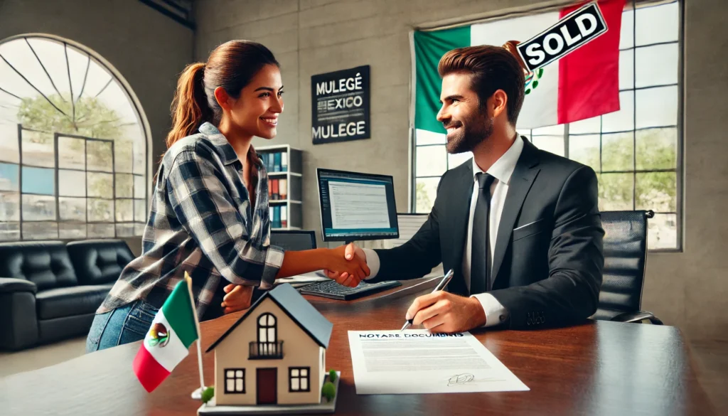 A professional real estate agent and a foreign buyer signing closing documents at a notary office in Mulegé, Mexico. The table has property paperwork, a Mexican flag in the background, and a "SOLD" sign next to a house model. The buyer is smiling, shaking hands with the agent, excited to finalize their purchase.