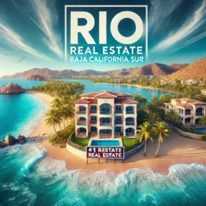 A stunning aerial view of Mulegé, Baja California Sur, showcasing luxury beachfront properties, a thriving real estate market, and clear blue waters. Highlighting Rio Real Estate as the #1 real estate agency in the region.